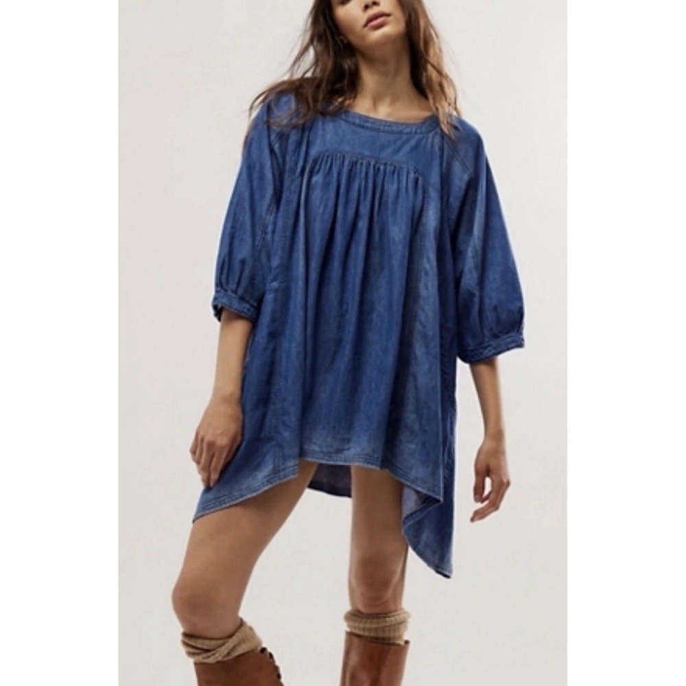 FREE PEOPLE Memories of You Chambray Top Tunic Small Boho Western Fall Pockets
